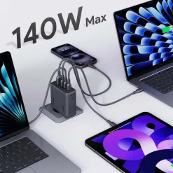 Ładowarka sieciowa Aukey PA-C6 Comet Mix GaN, USB-A i 3 x USB-C, 140 W, szara