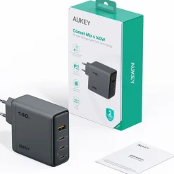 Ładowarka sieciowa Aukey PA-C6 Comet Mix GaN, USB-A i 3 x USB-C, 140 W, szara