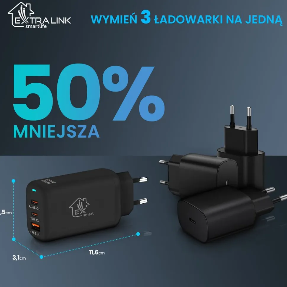 Ładowarka sieciowa EXTRALINK Smart Life GaN Charger, 65 W