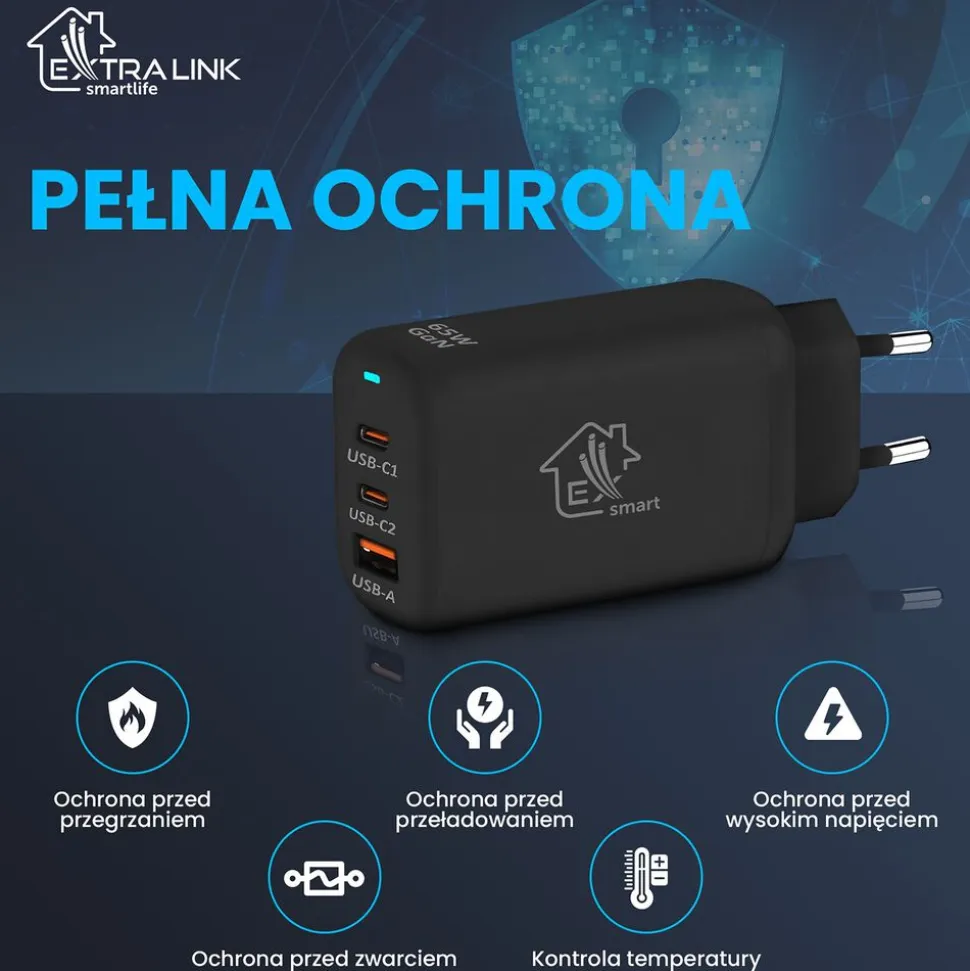 Ładowarka sieciowa EXTRALINK Smart Life GaN Charger, 65 W