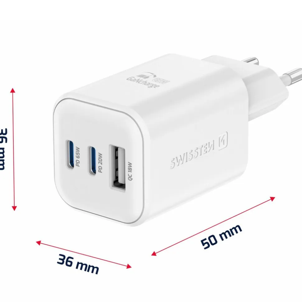 Ładowarka sieciowa Swissten GaN, 2x USB-C PD i 1x USB-A QC, 65 W i 18 W, biała