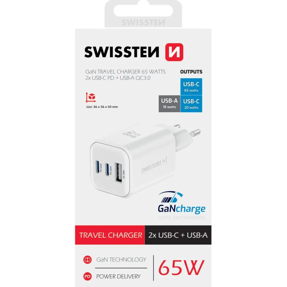 Ładowarka sieciowa Swissten GaN, 2x USB-C PD i 1x USB-A QC, 65 W i 18 W, biała