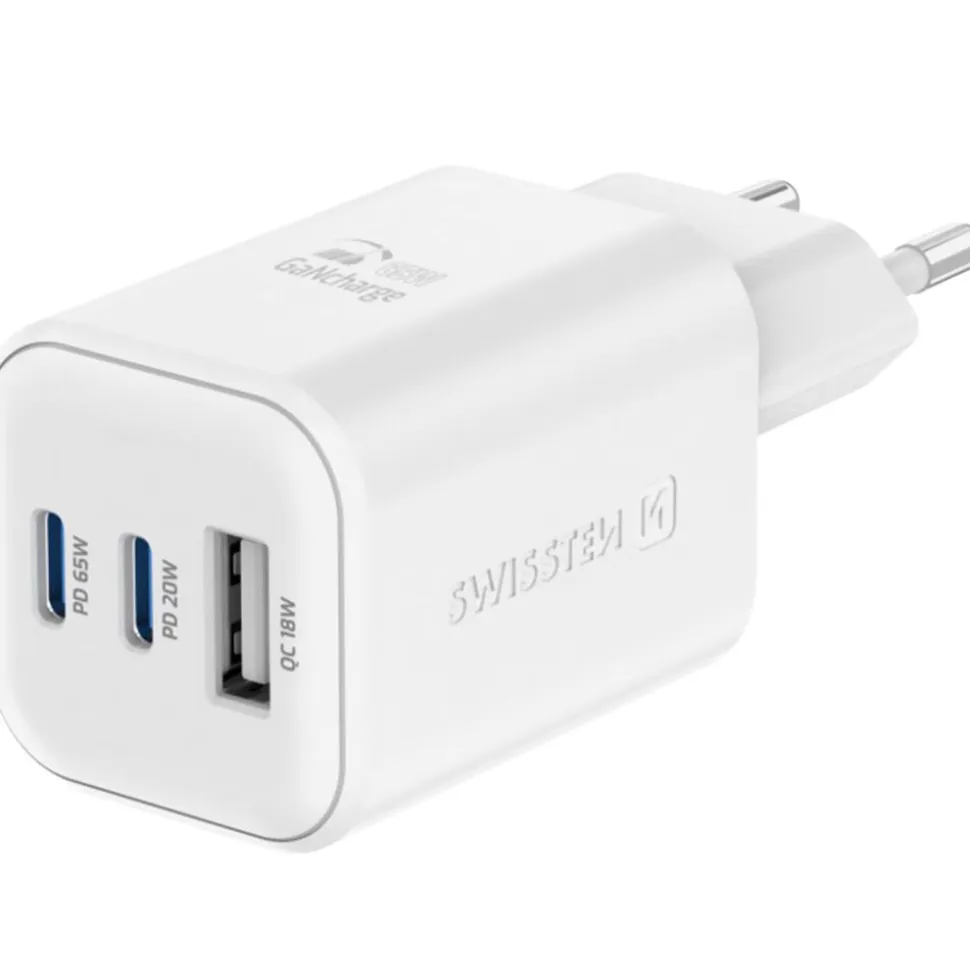 Ładowarka sieciowa Swissten GaN, 2x USB-C PD i 1x USB-A QC, 65 W i 18 W, biała