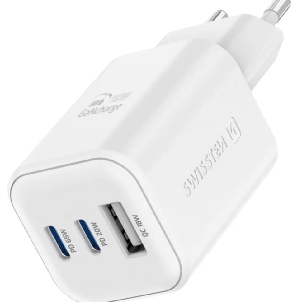 Ładowarka sieciowa Swissten GaN, 2x USB-C PD i 1x USB-A QC, 65 W i 18 W, biała