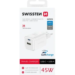 Ładowarka sieciowa Swissten GaN, USB-C PD i USB-A QC, 45 W i 18 W, biała