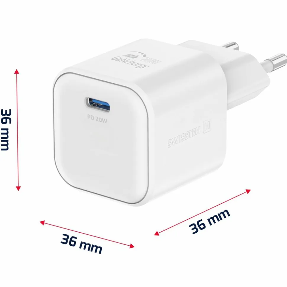 Ładowarka sieciowa Swissten GaN, USB-C PD, 20 W, biała