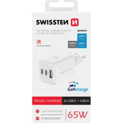 Ładowarka sieciowa Swissten GaN, 2x USB-C PD i 1x USB-A QC, 65 W i 18 W, czarna
