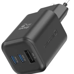 Ładowarka sieciowa Swissten GaN, 2x USB-C PD i 1x USB-A QC, 65 W i 18 W, czarna
