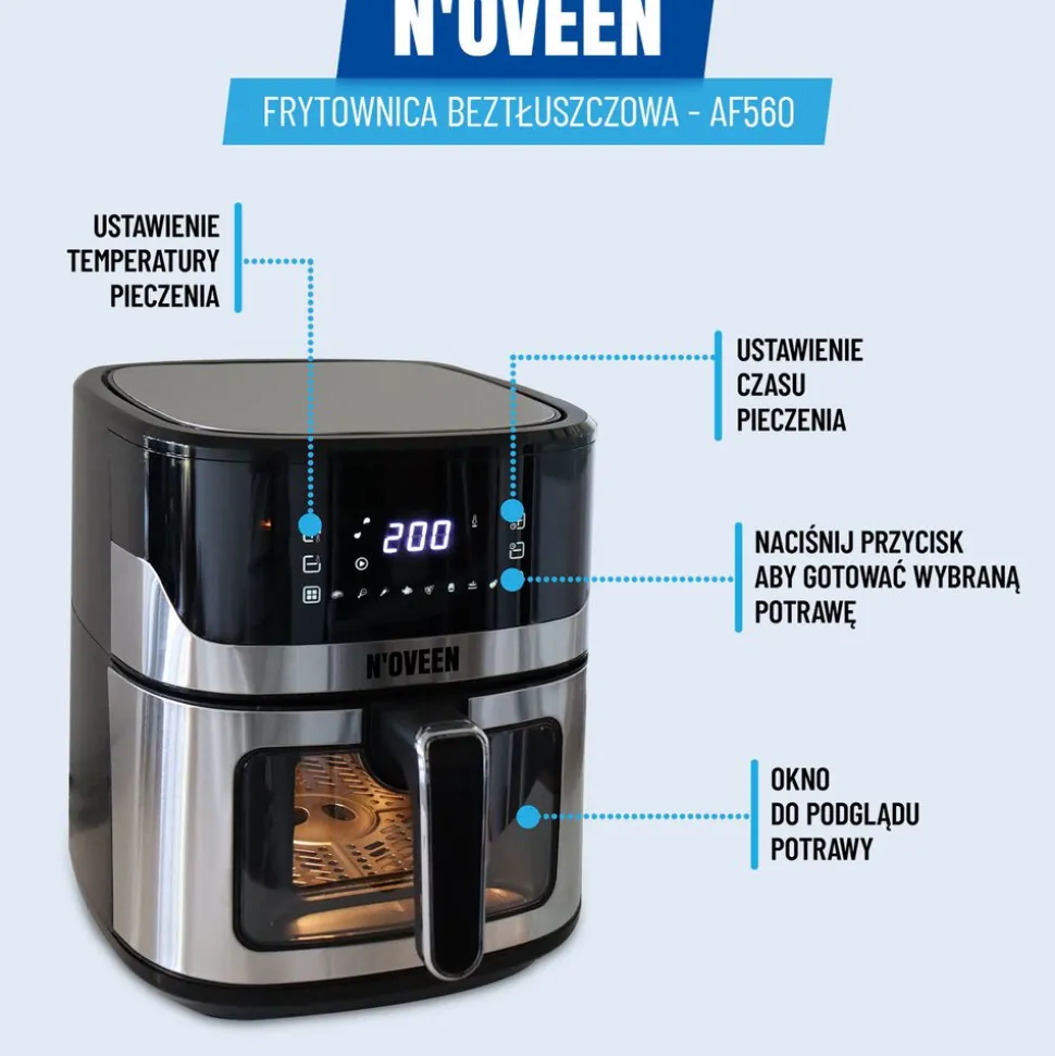 Air Fryer Frytkownica beztłuszczowa z okienkiem Noveen AF560, 1600 W, 6,5 l, czarny