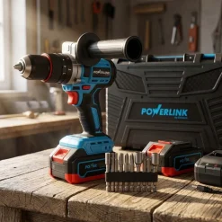 Akumulatorowa wiertarko-wkrętarka udarowa z silnikiem bezszczotkowym Powerlink, 20 V, 120 Nm, 13 mm, 2x akumulator 4 Ah, z akcesoriami