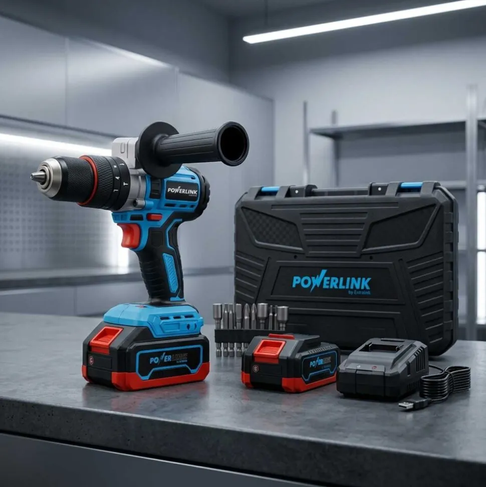 Akumulatorowa wiertarko-wkrętarka udarowa z silnikiem bezszczotkowym Powerlink, 20 V, 120 Nm, 13 mm, 2x akumulator 4 Ah, z akcesoriami