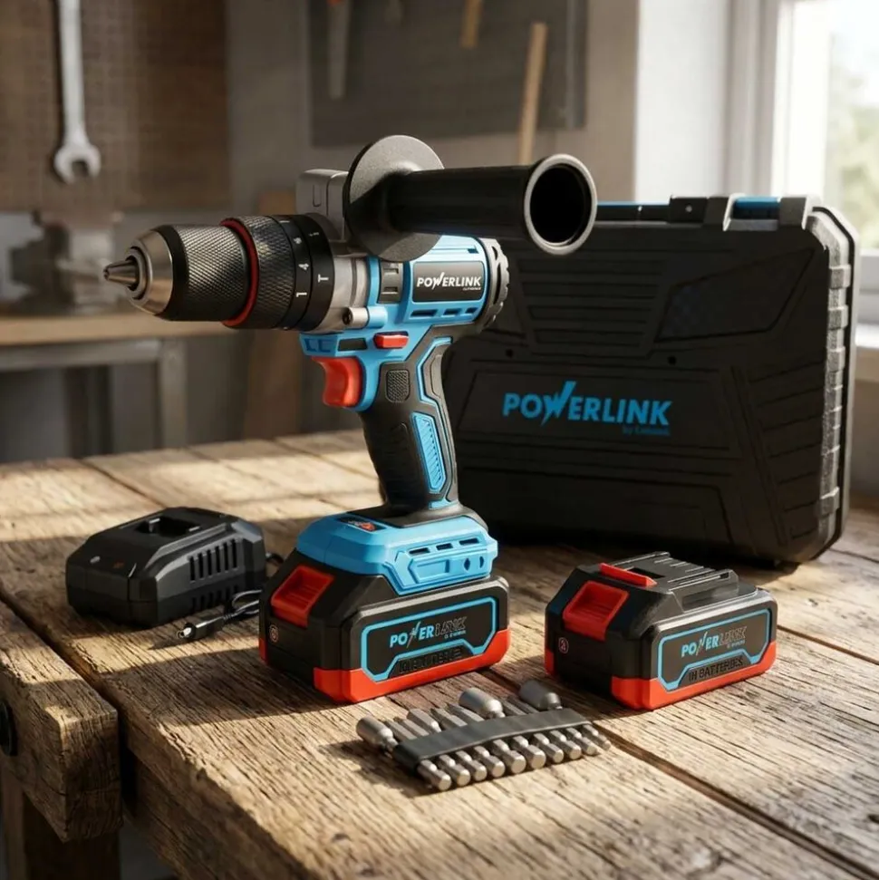 Akumulatorowa wiertarko-wkrętarka udarowa z silnikiem bezszczotkowym Powerlink, 20 V, 120 Nm, 13 mm, 2x akumulator 4 Ah, z akcesoriami