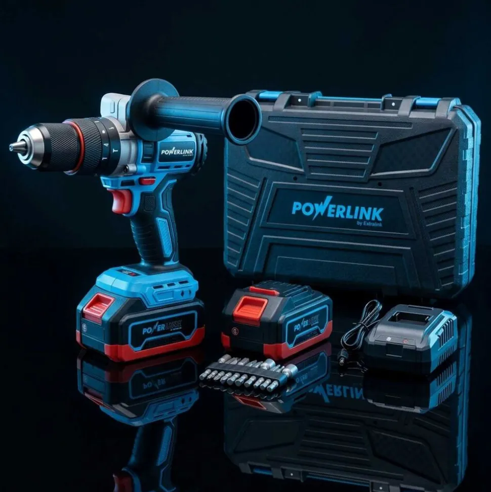 Akumulatorowa wiertarko-wkrętarka udarowa z silnikiem bezszczotkowym Powerlink, 20 V, 120 Nm, 13 mm, 2x akumulator 4 Ah, z akcesoriami
