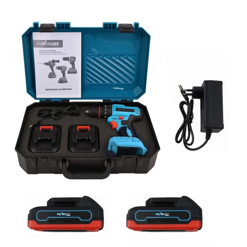 Akumulatorowa wiertarko-wkrętarka udarowa z silnikiem bezszczotkowym Powerlink, 20 V, 50 Nm, 13 mm, 2x akumulator 1,5 Ah i walizka