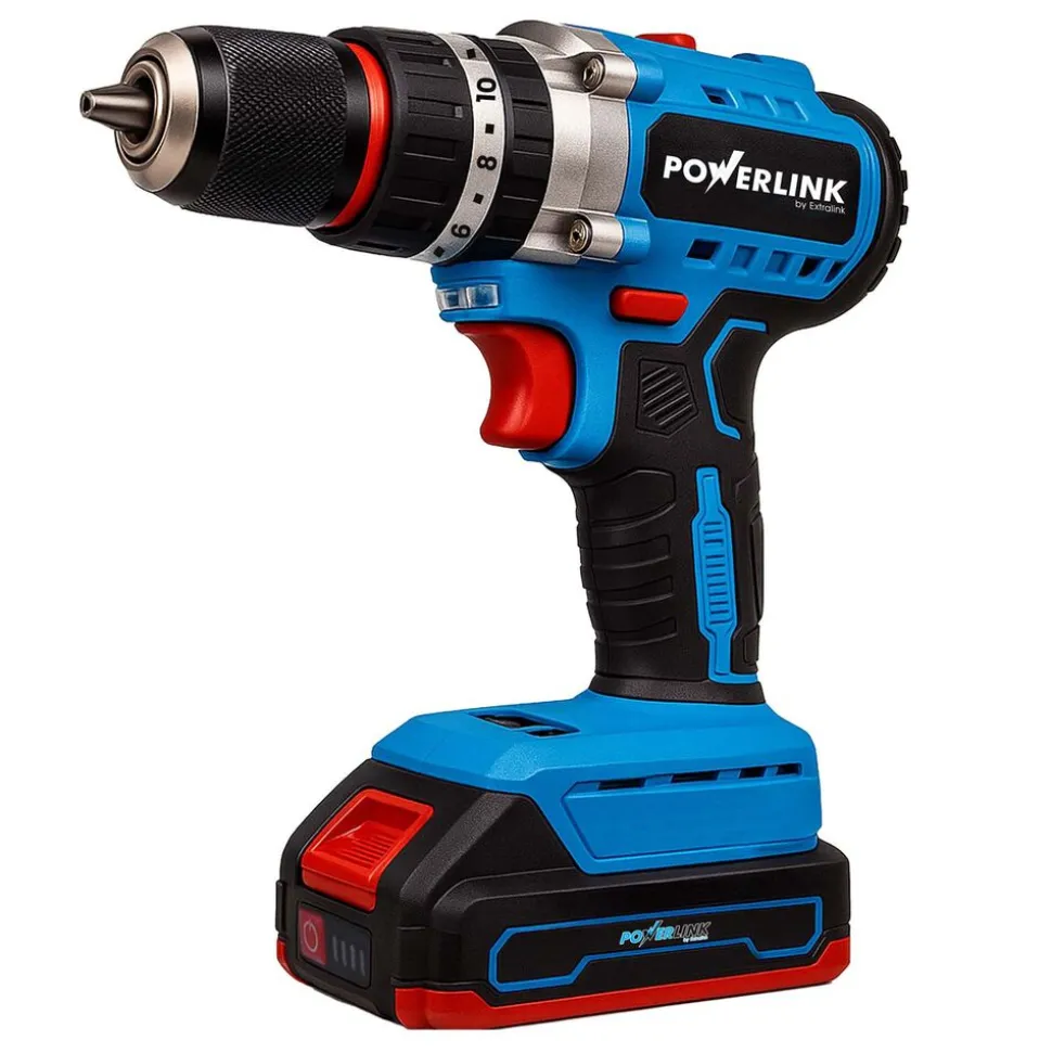 Akumulatorowa wiertarko-wkrętarka udarowa z silnikiem bezszczotkowym Powerlink, 20 V, 50 Nm, 13 mm, 2x akumulator 1,5 Ah i walizka
