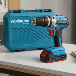Akumulatorowa wiertarko-wkrętarka udarowa z silnikiem bezszczotkowym Powerlink, 20 V, 50 Nm, 13 mm, 2x akumulator 1,5 Ah i walizka