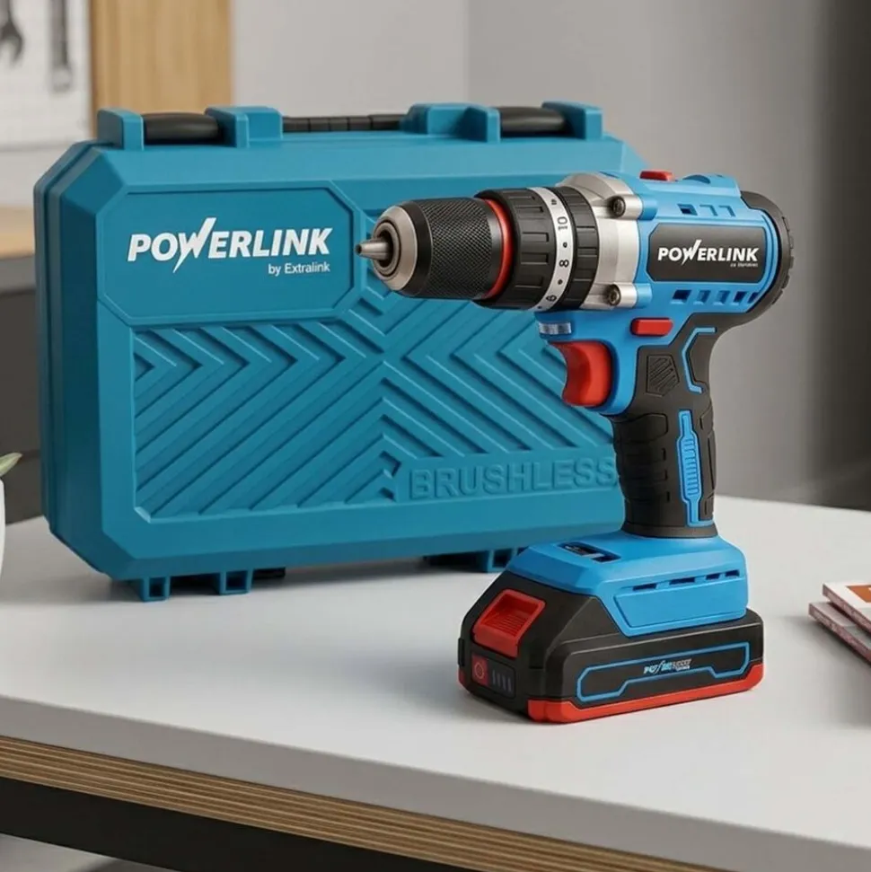 Akumulatorowa wiertarko-wkrętarka udarowa z silnikiem bezszczotkowym Powerlink, 20 V, 50 Nm, 13 mm, 2x akumulator 1,5 Ah i walizka
