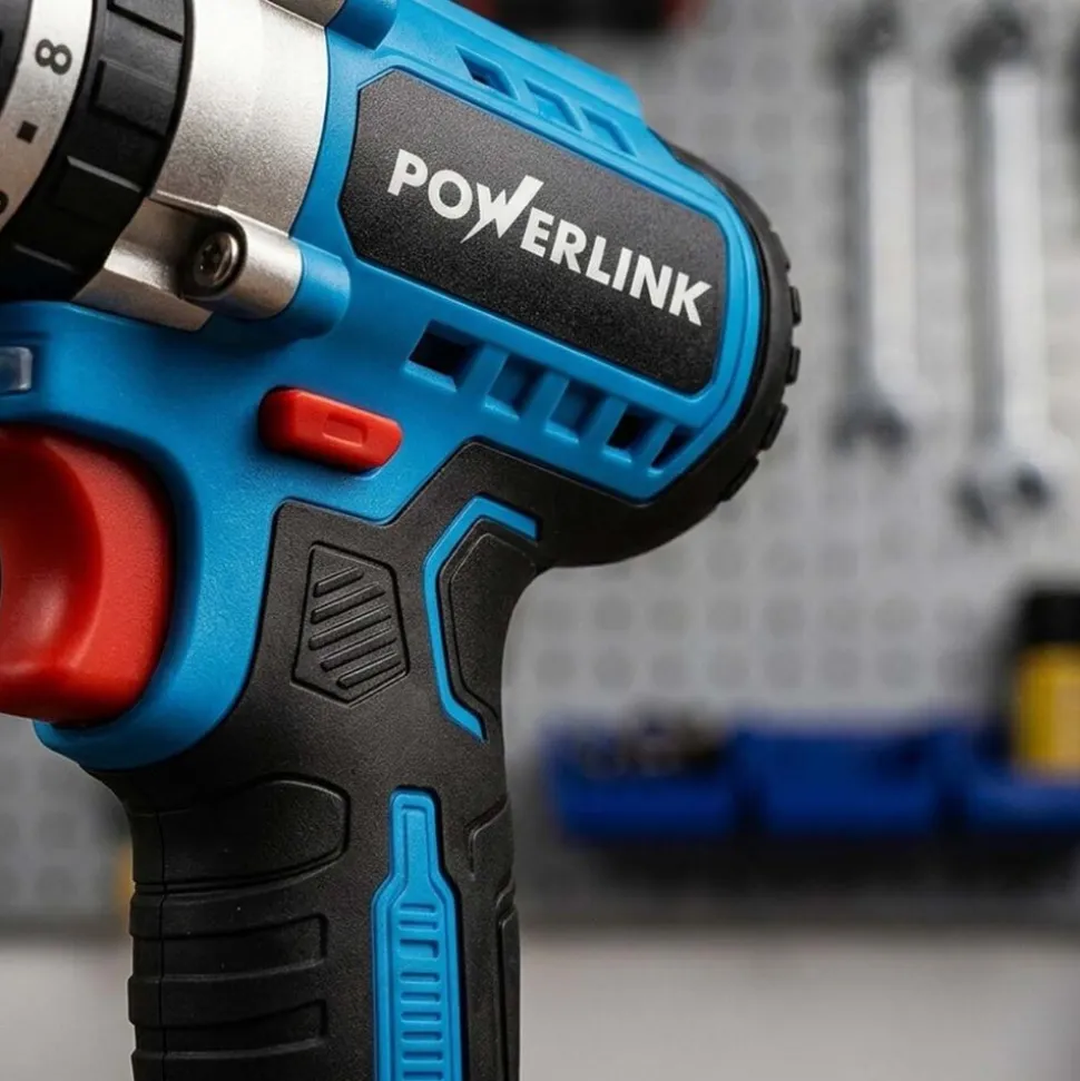 Akumulatorowa wiertarko-wkrętarka udarowa z silnikiem bezszczotkowym Powerlink, 20 V, 50 Nm, 13 mm, 2x akumulator 1,5 Ah i walizka