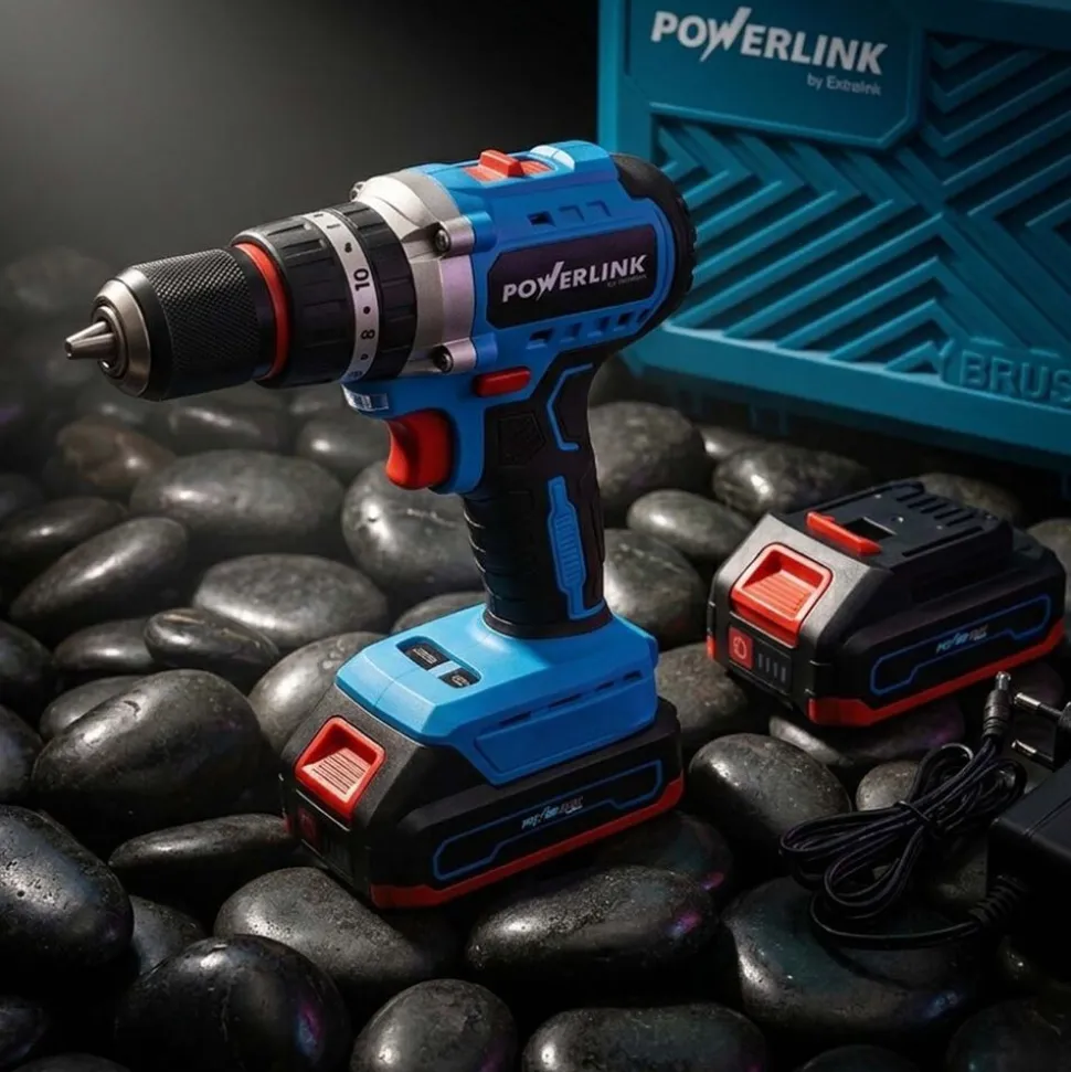 Akumulatorowa wiertarko-wkrętarka udarowa z silnikiem bezszczotkowym Powerlink, 20 V, 50 Nm, 13 mm, 2x akumulator 1,5 Ah i walizka