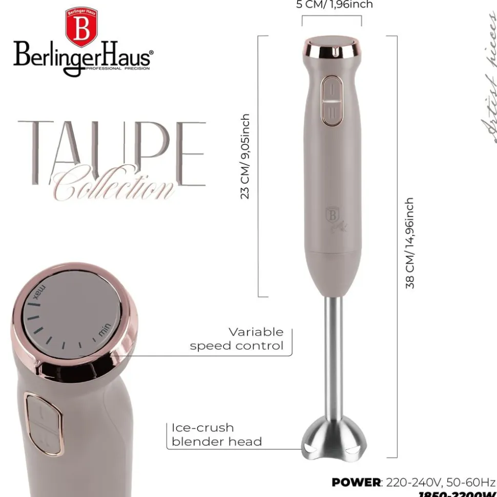 Blender ręczny BerlingerHaus BH/9612, 800 W, funkcja Turbo, taupe
