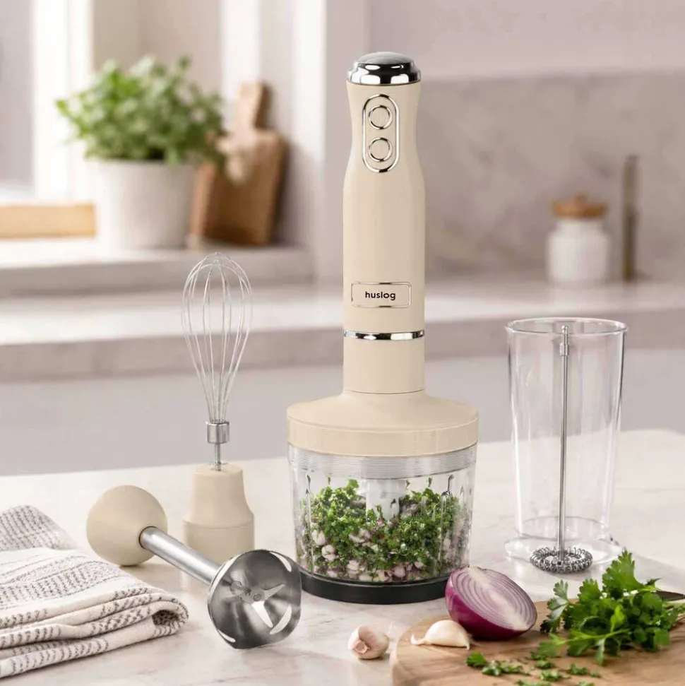Blender ręczny 4 w 1 Huslog QuickBlend, 700 W, 4 końcówki, kremowy