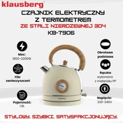 Czajnik elektryczny Klausberg, 1,8 l, 1850-2200 W, z termometrem