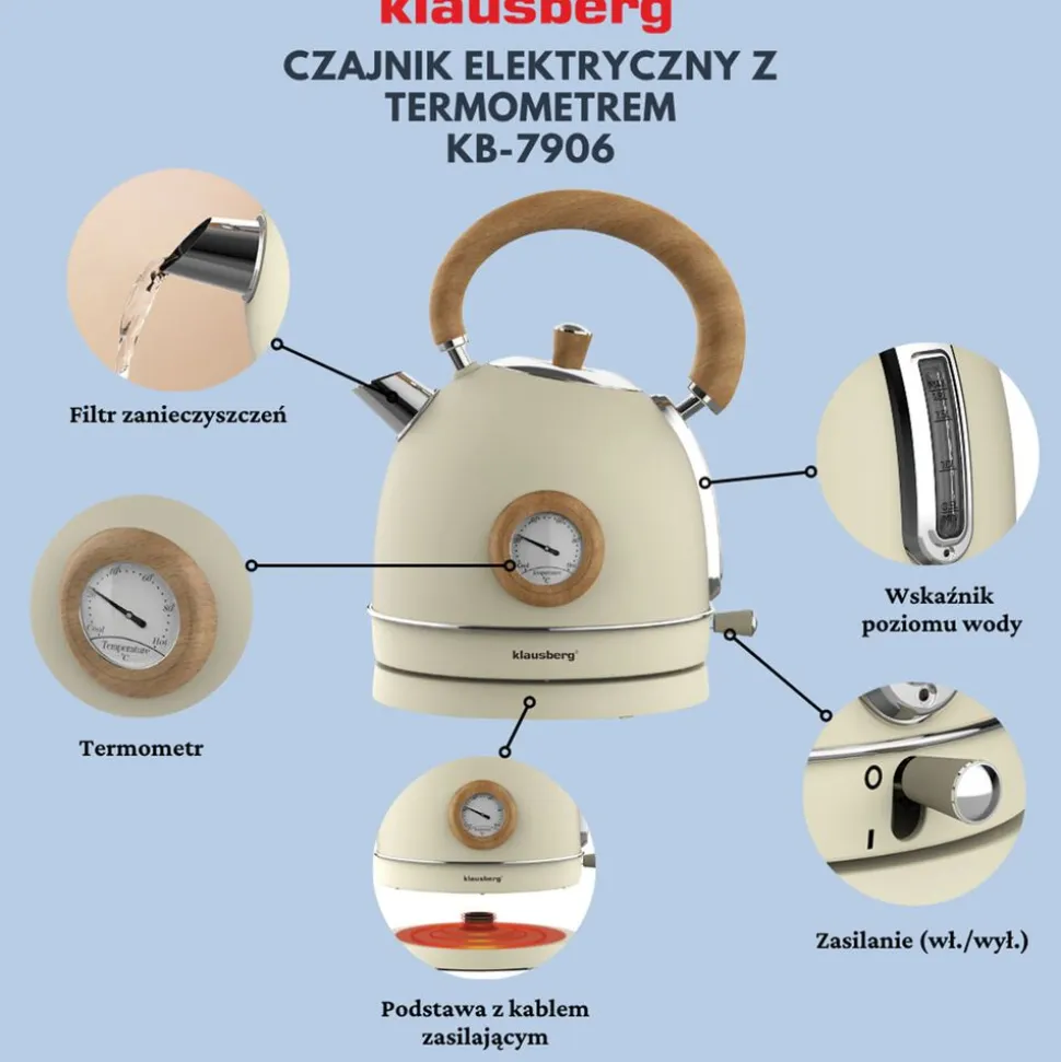 Czajnik elektryczny Klausberg, 1,8 l, 1850-2200 W, z termometrem