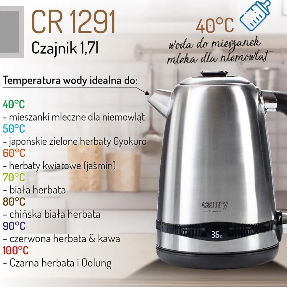 Czajnik elektryczny stalowy Camry CR 1291, 1,7 l, 2200 W, z regulacją temperatury