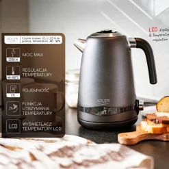 Czajnik elektryczny stalowy Adler AD 1295G, 1,7 l, 2200 W, z regulacją temperatury