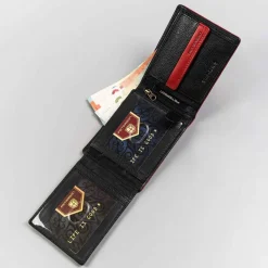 Czarny, ażurowy portfel męski Peterson, czerwony rant, 9,5 x 12 x 2 cm