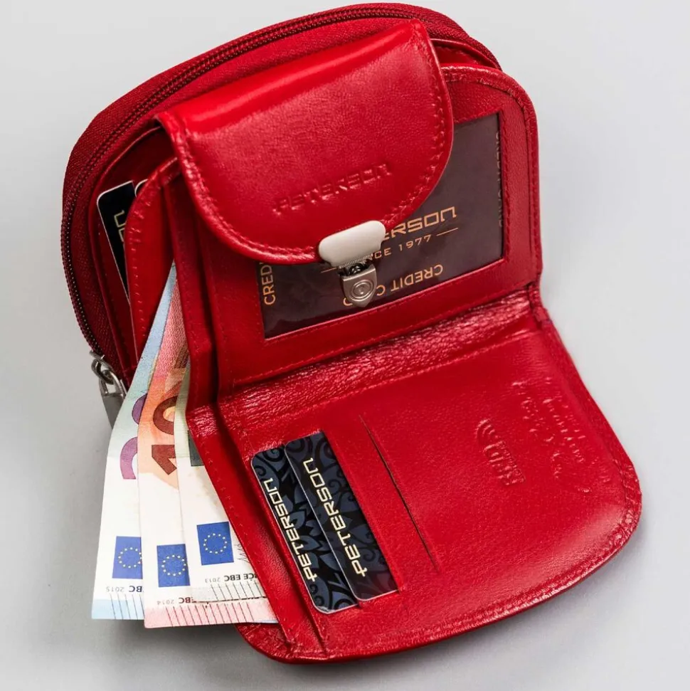 Czerwony portfel damski ze skóry naturalnej RFID Peterson, 10 x 13 x 3 cm