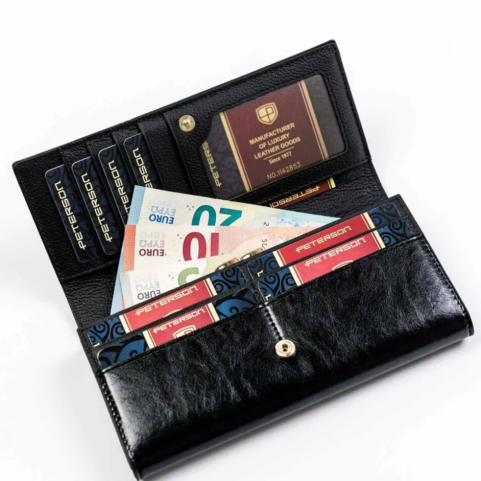 Duży czarny portfel damski z ochroną kart RFID Peterson, 9,5 x 18,5 x 3 cm, na zatrzask