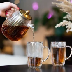Dzbanek ze stalowym zaparzaczem Vialli Design Tulip, 1 l, z podwójną ścianką, złoty mat