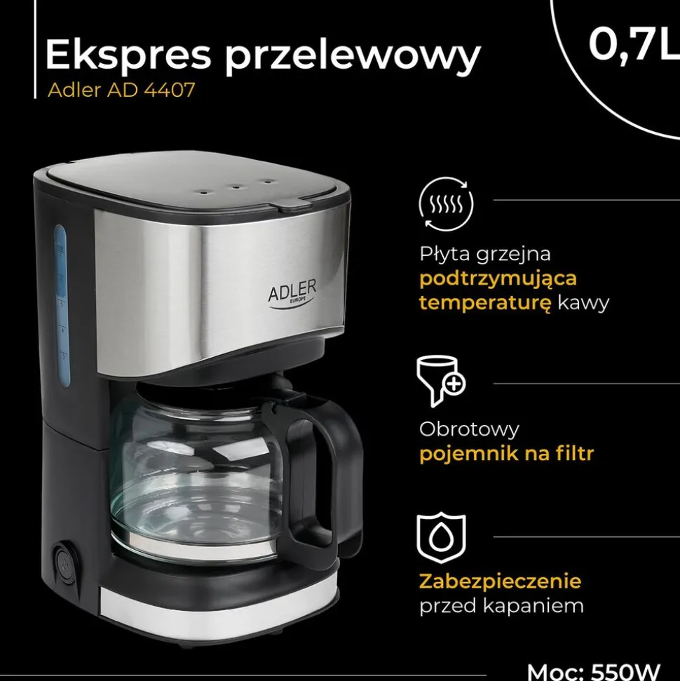 Ekspres przelewowy Adler AD 4407, 550 W, 0,7 l