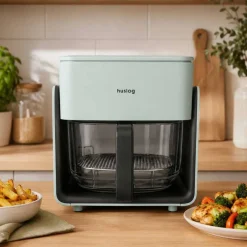 Frytkownica beztłuszczowa szklana Huslog Crystal Steam, 1300 W, 4,2 l, z funkcją pary, zielona