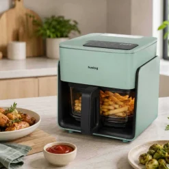 Frytkownica beztłuszczowa szklana Huslog Crystal Steam, 1300 W, 4,2 l, z funkcją pary, zielona