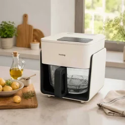 Frytkownica beztłuszczowa szklana Huslog Crystal Steam, 1300 W, 4,2 l, z funkcją pary, kremowa