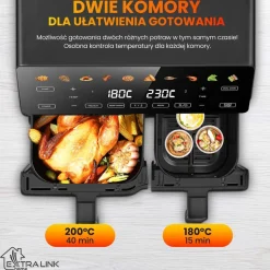 Frytkownica beztłuszczowa z okienkiem Extralink Dual Basket, 2 komory, 2500 W, 6,5 l i 3,5 l, srebrna