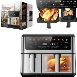 Frytkownica beztłuszczowa z okienkiem Extralink Dual Basket, 2 komory, 2500 W, 6,5 l i 3,5 l, srebrna