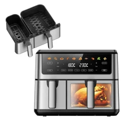 Frytkownica beztłuszczowa z okienkiem Extralink Dual Basket, 2 komory, 2500 W, 6,5 l i 3,5 l, srebrna