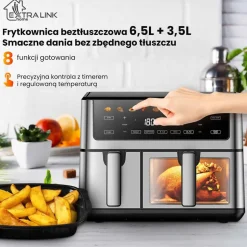Frytkownica beztłuszczowa z okienkiem Extralink Dual Basket, 2 komory, 2500 W, 6,5 l i 3,5 l, srebrna