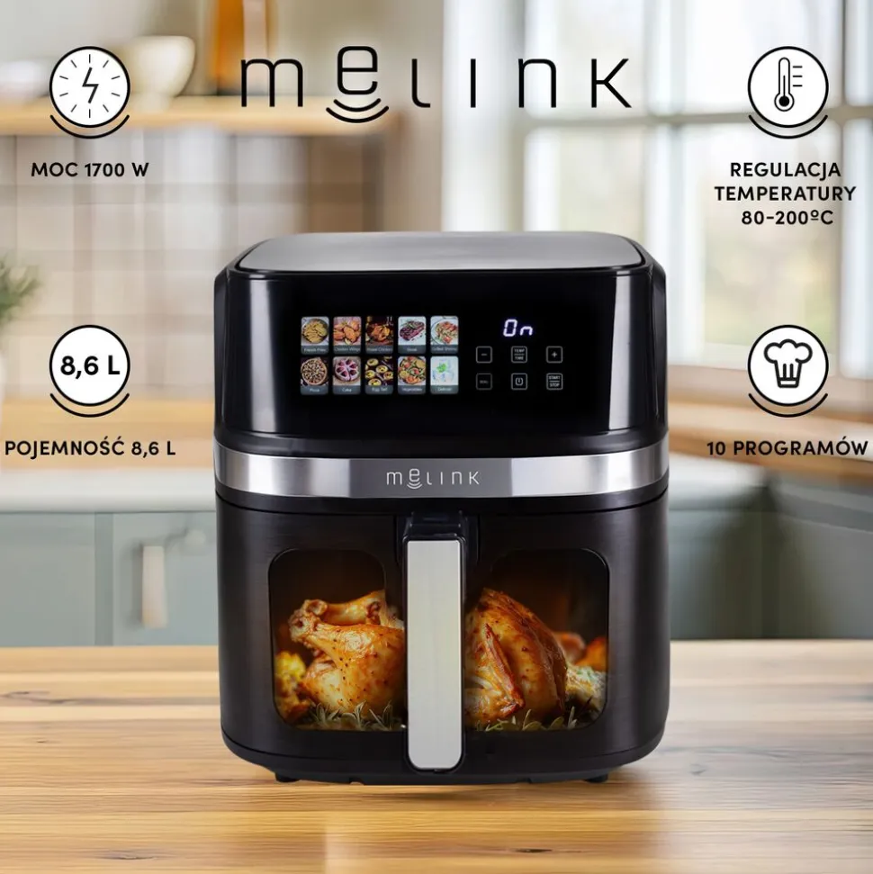 Frytkownica beztłuszczowa z okienkiem Melink, 1700 W, 8,6 l, czarna