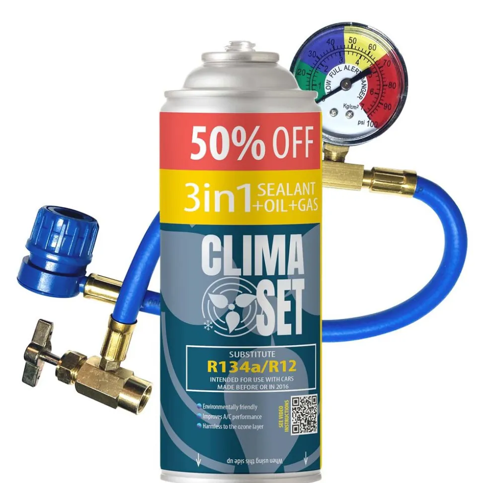 Gaz do klimatyzacji ClimaSet 3w1 R134a 626 g, z przewodem z manometrem