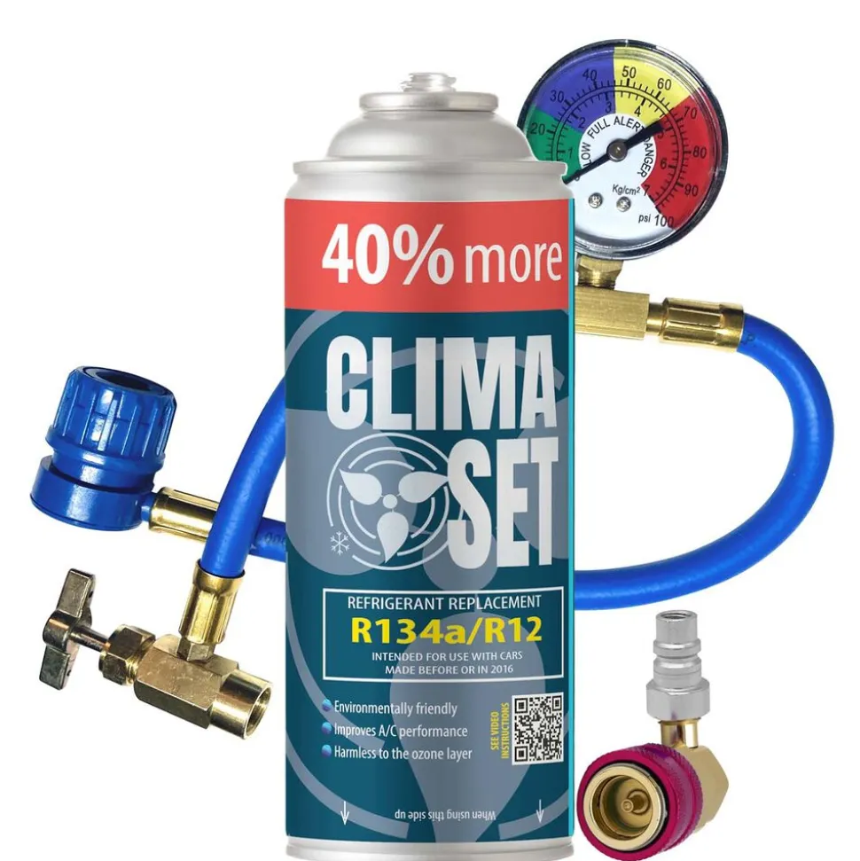 Gaz do klimatyzacji ClimaSet R134a 626 g, z przewodem z manometrem i adapterem HP/LP