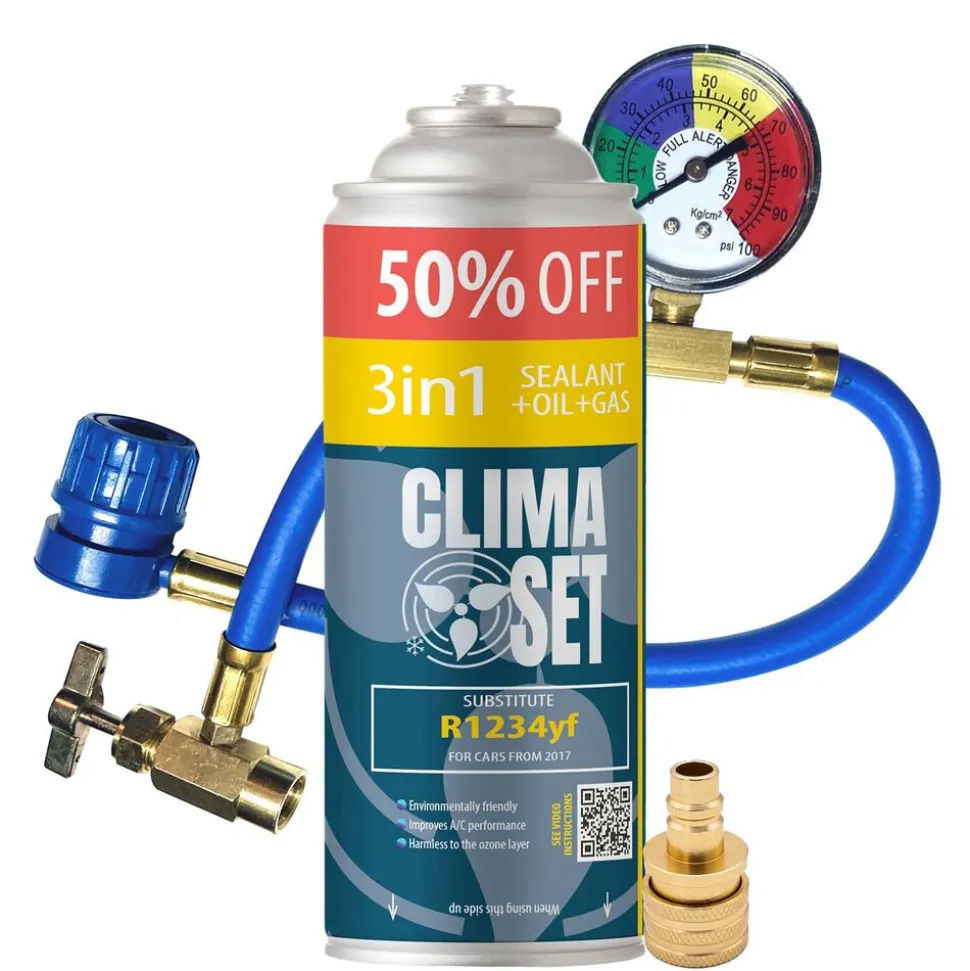 Gaz do klimatyzacji ClimaSet 3w1 R1234yf 470 g, z przewodem z manometrem i adapterem R1234yf
