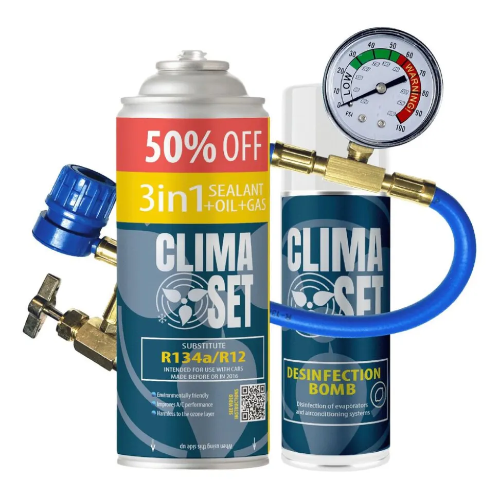 Gaz do klimatyzacji ClimaSet 3w1 R134a 626g, z przewodem z manometrem i odświeżaczem do klimatyzacji