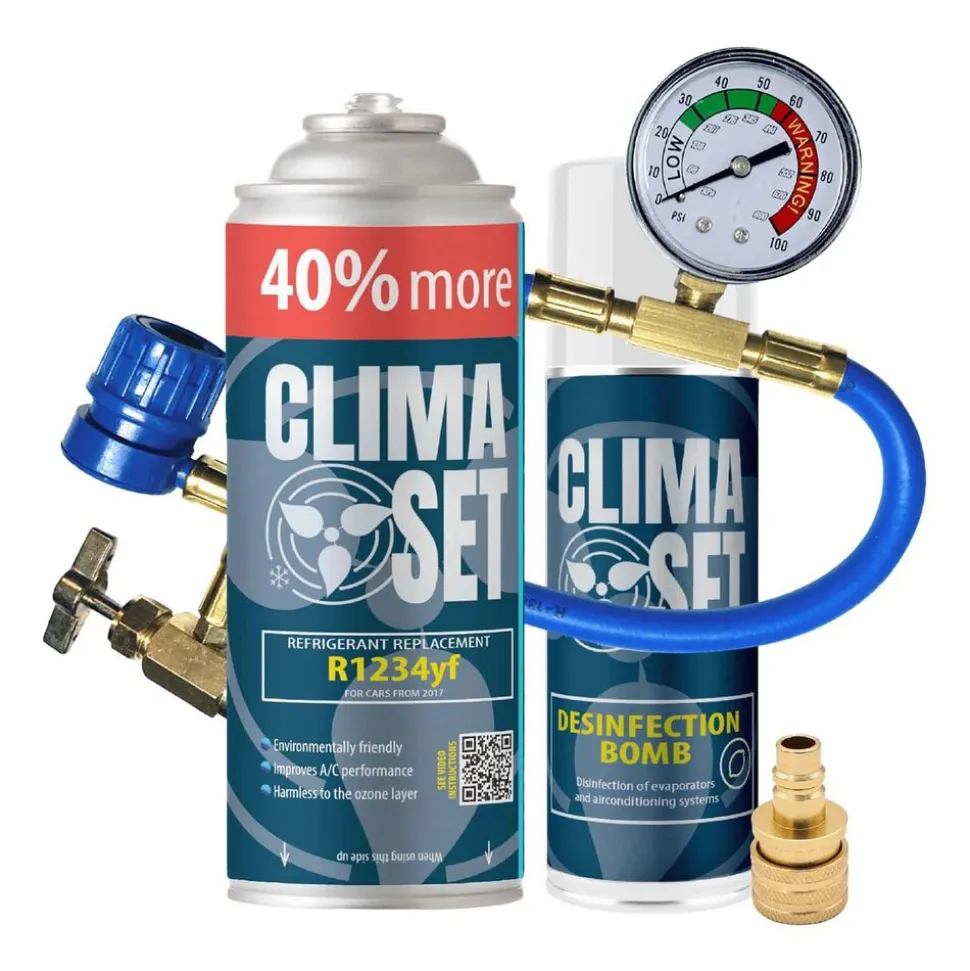 Gaz do klimatyzacji ClimaSet R1234yf 470 g, z przewodem z manometrem, adapterem R1234yf i odświeżaczem do klimatyzacji