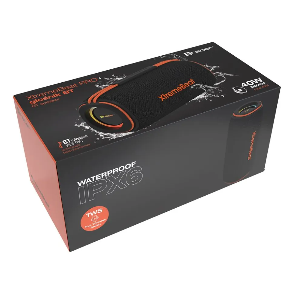 Głośnik Bluetooth Tracer XtremeBeat Pro TWS BT RGB, 40 W, czarno-pomarańczowy