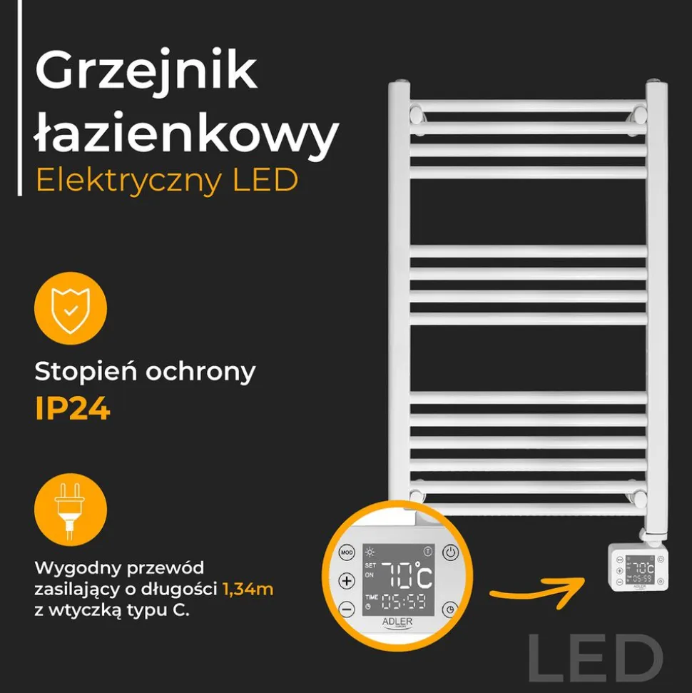 Grzejnik łazienkowy Adler AD 7824, 600 W, LED