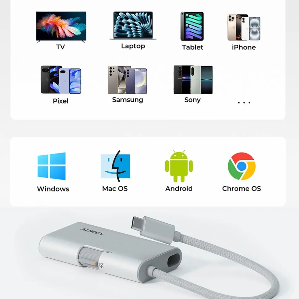 Hub USB-C adapter 3 w 1 Aukey UH-CUH01 TravelDok, srebrny